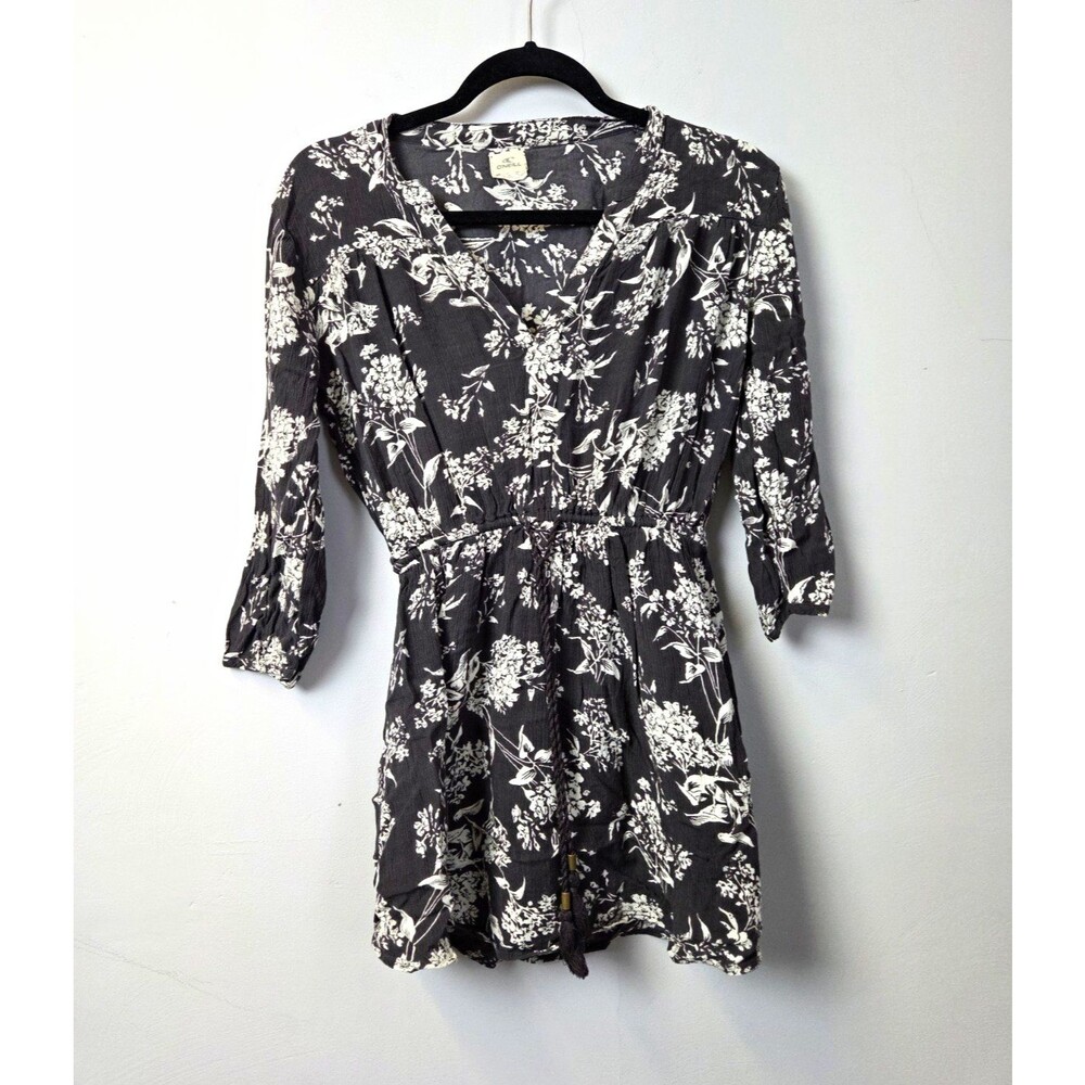 O'Neill Womens Floral Romper Black White Beach Cover-up 3/4 Sleeve Tassel S